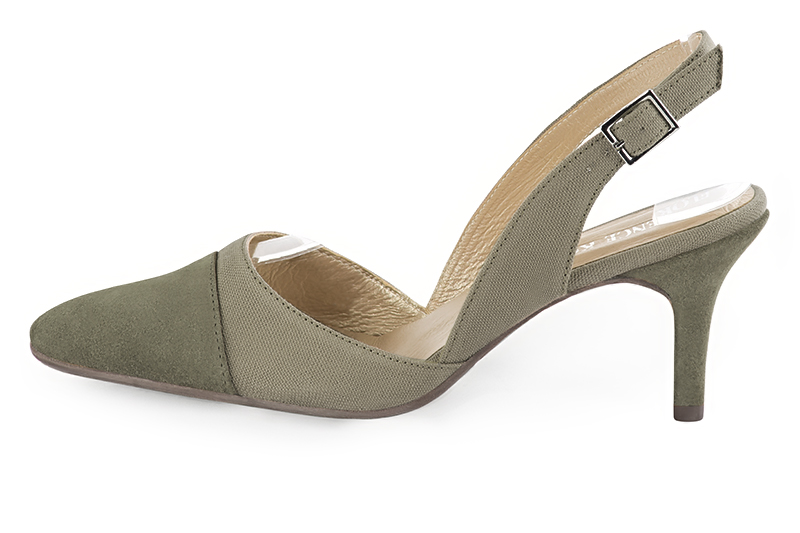 Khaki green women's slingback shoes. Tapered toe. High slim heel. Profile view - Florence KOOIJMAN